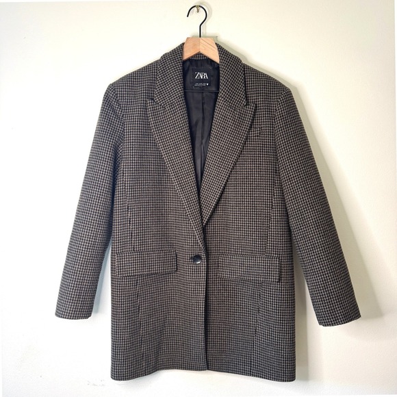 Zara Houndstooth Brown Beige Blazer Jacket Women's Medium Career Business - Picture 1 of 4